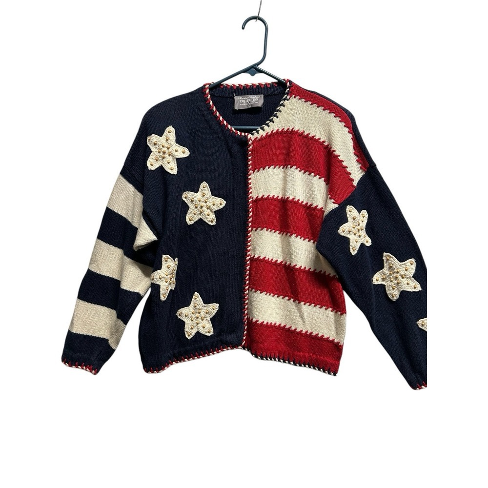 Marisa Christina Large Cardigan Flag Americana Sweater Star Stripe Classic